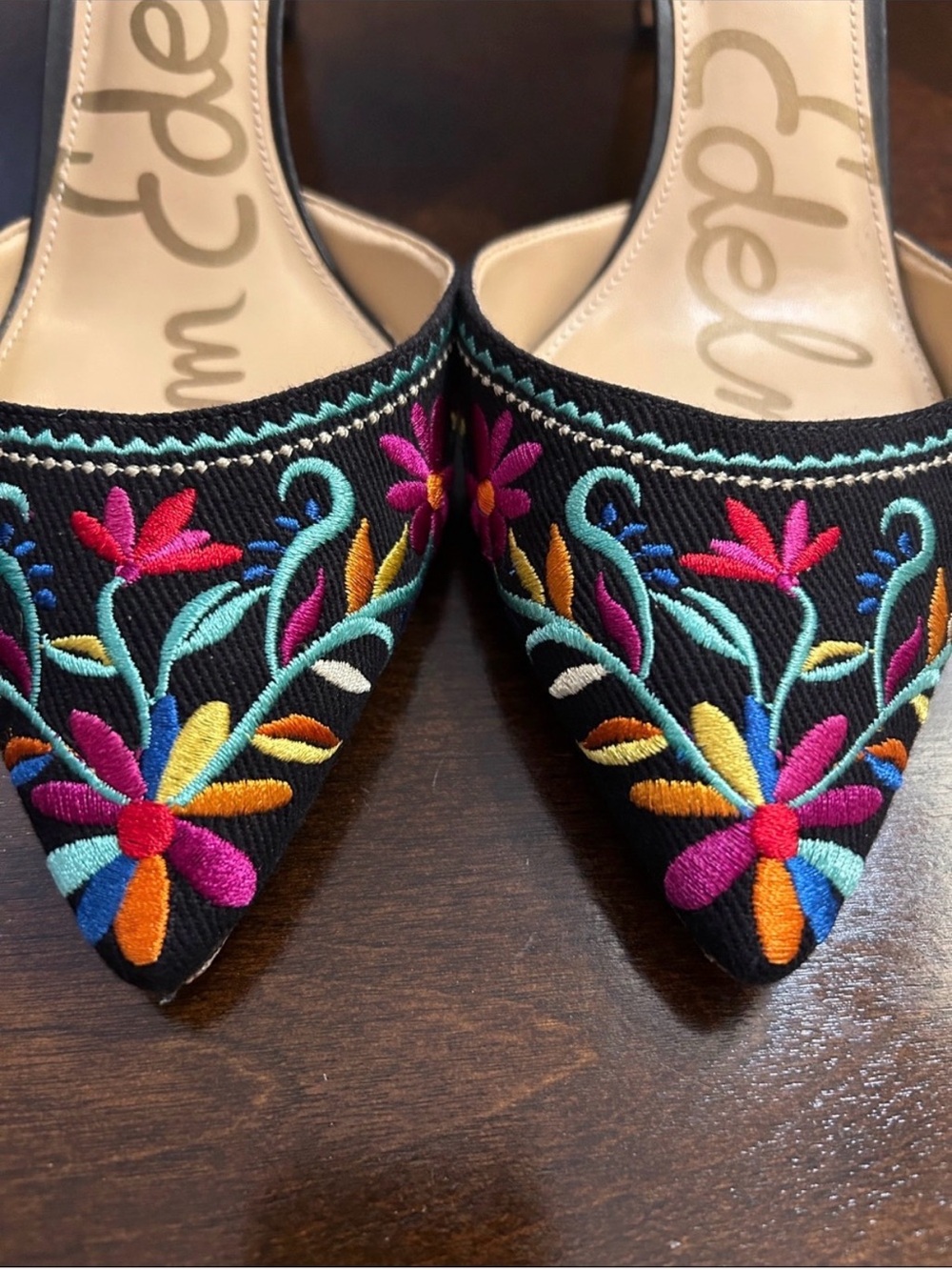 Sam Edelman Black Pointed-Toe D'Orsay Heels with Multicolor Floral Embroidery - Picture 2 of 8